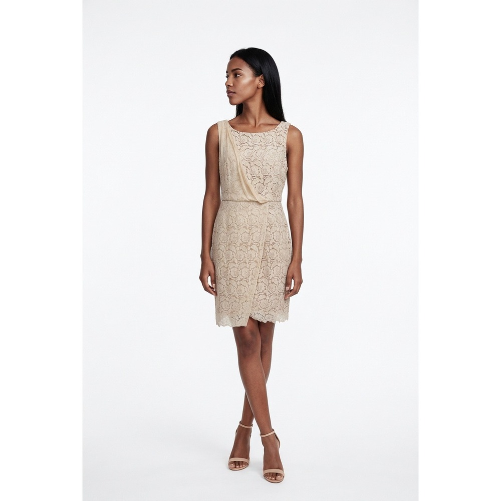 Champagne Floral Woman's Lace Draped Chiffon Overlay Sleeveless Cocktail Dress 6